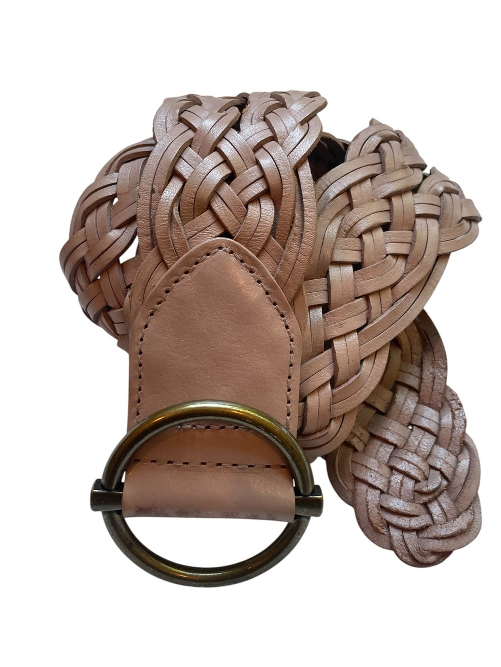 Talbots Taupe Wide Braided Leather Belt Womens S Brass Buckle 2.25" Boho Western